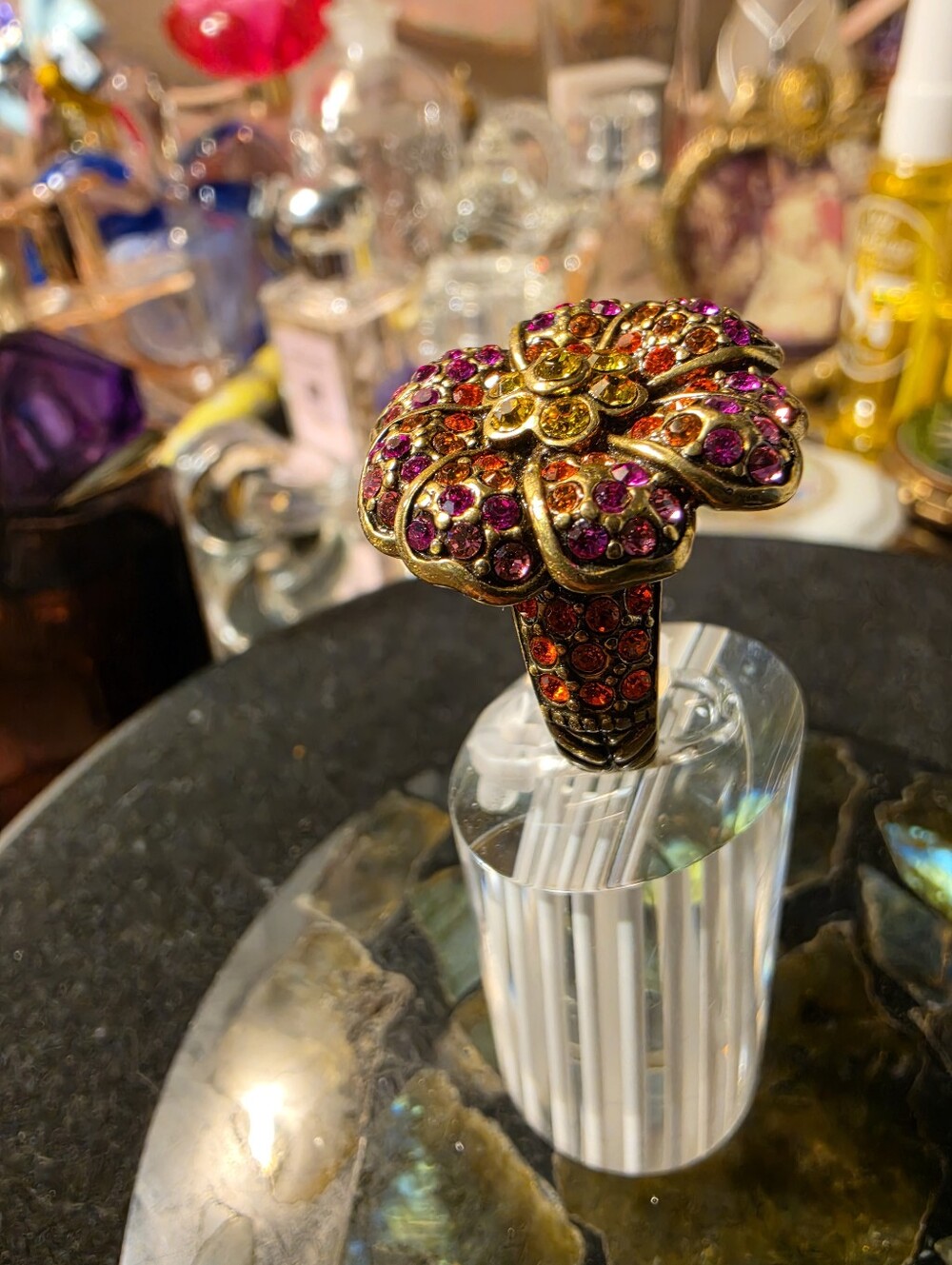 Gold Floral Cocktail Ring with Pink and Orange Crystals